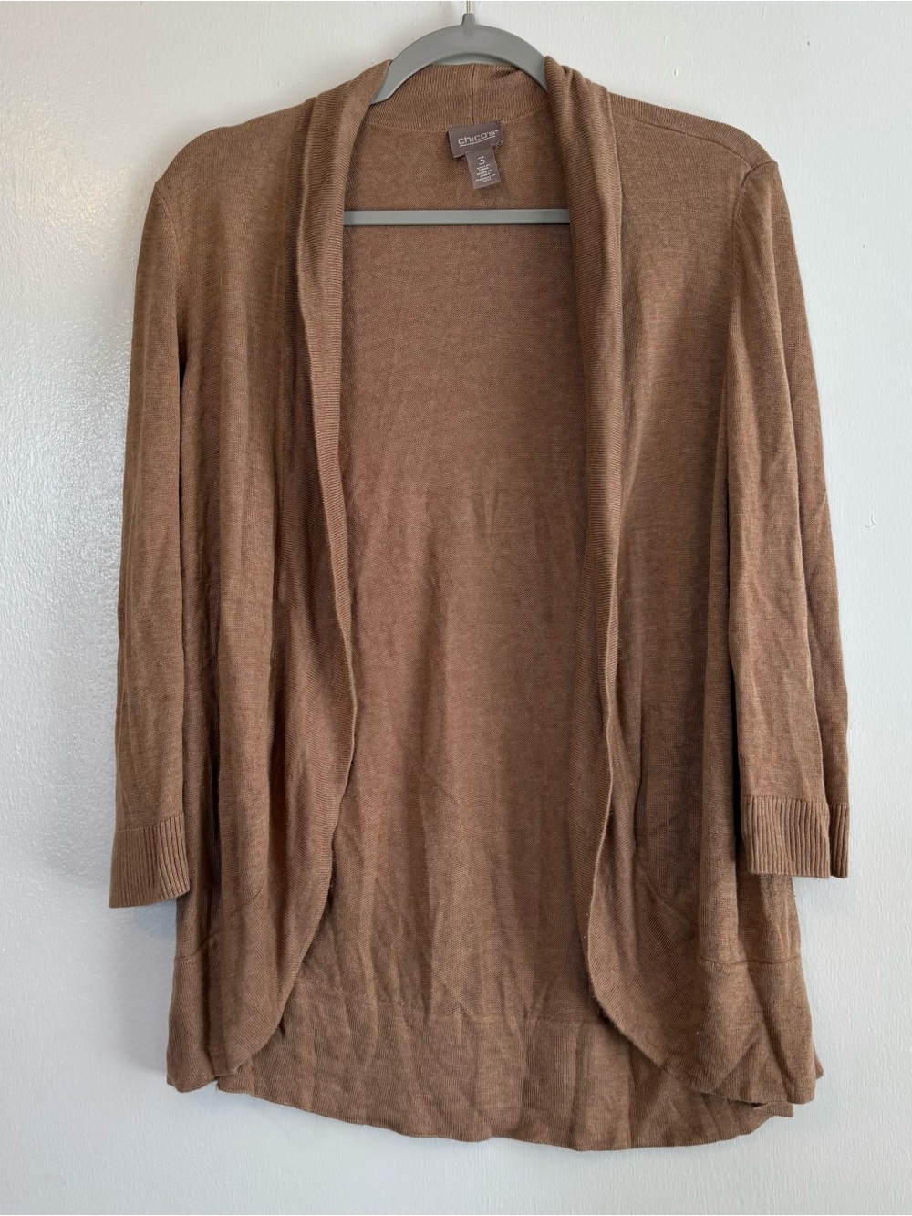 Chico's Brown Solid Open Front Knit Cardigan Sweater Women’s 3 (XL) 3/4 Sleeve